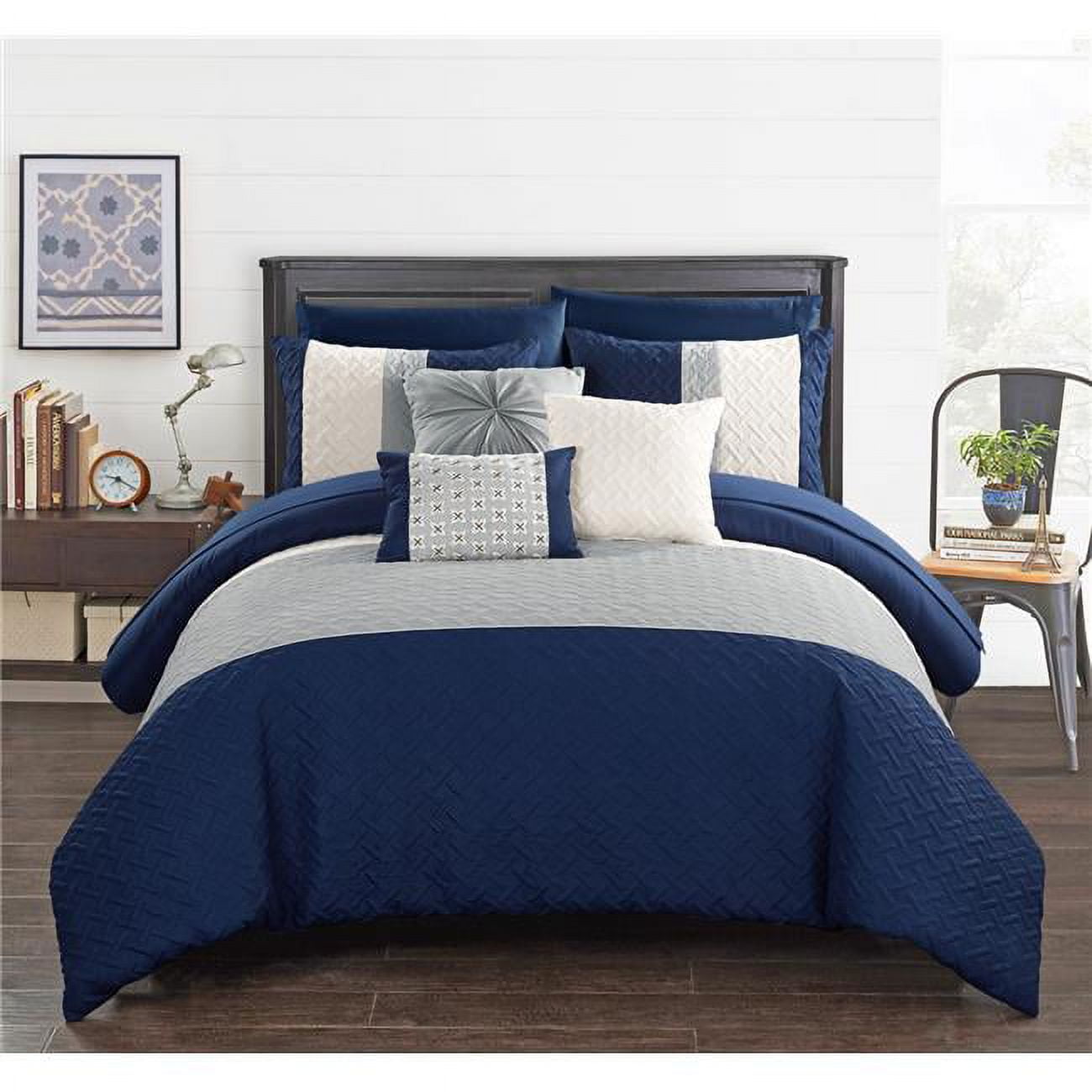 Bcs03560-us King Size Lior Comforter Set Color Block Quilted Embroidered Design Bed Sheets & Decorative Pillows, Navy - 10 Piece