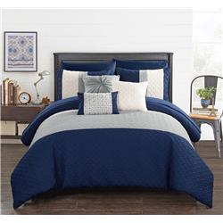 Bcs03669-us Queen Size Lior Comforter Set Color Block Quilted Embroidered Design Bed Sheets & Decorative Pillows, Navy - 10 Piece