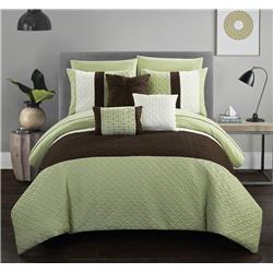Bcs03577-us King Size Lior Comforter Set Color Block Quilted Embroidered Design Bed Sheets & Decorative Pillows, Green - 10 Piece