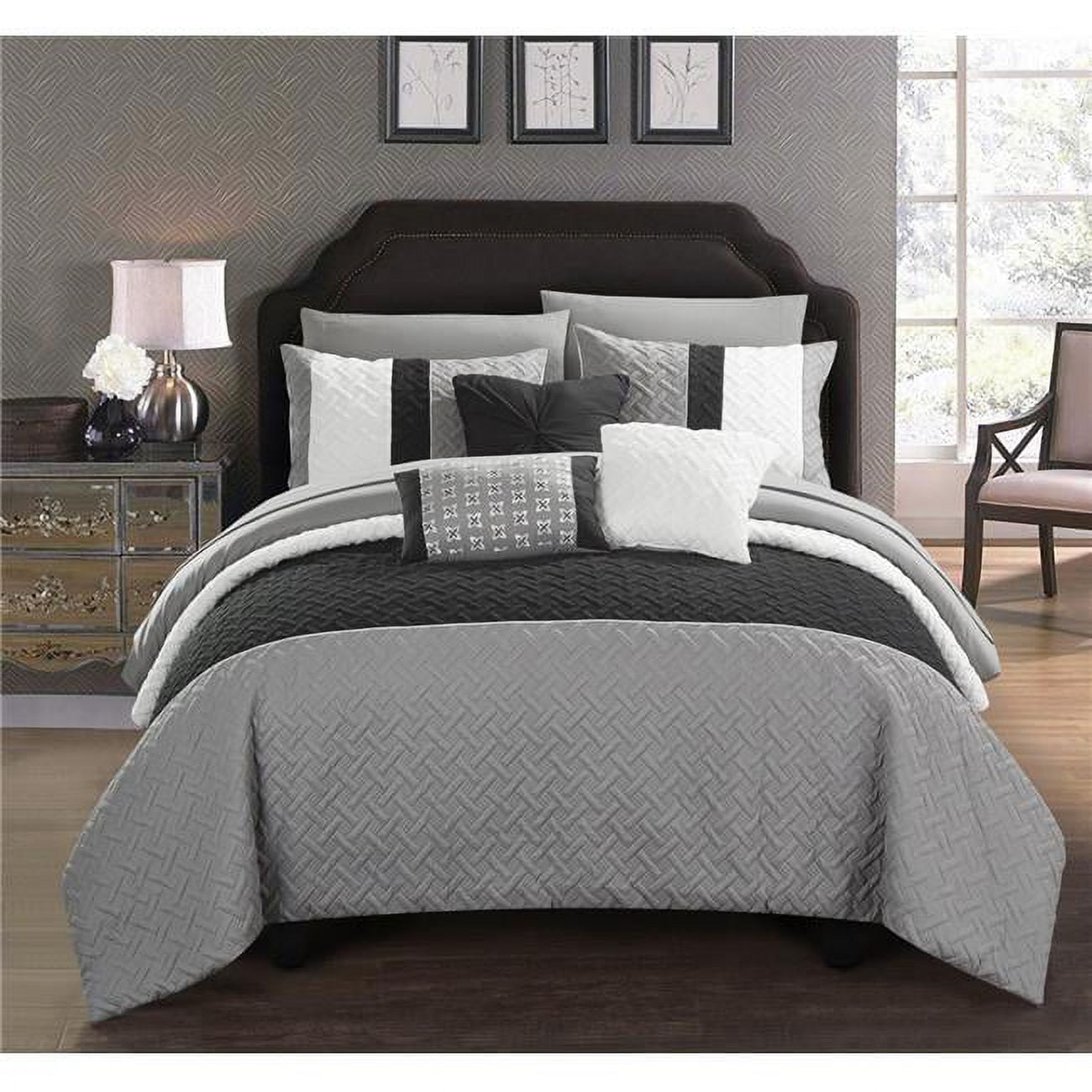Bcs10032-us Twin Size Lior Comforter Set Color Block Quilted Embroidered Design Bed Sheets & Decorative Pillows, Grey - 8 Piece