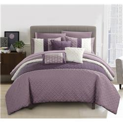 Bcs10049-us Twin Size Lior Comforter Set Color Block Quilted Embroidered Design Bed Sheets & Decorative Pillows, Plum - 8 Piece