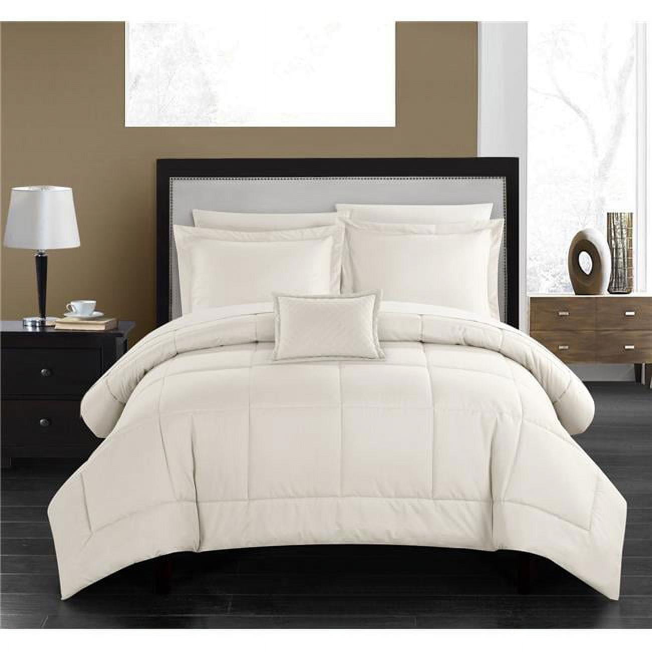 Bcs09104-us King Size Josaia Comforter Set With Solid Color Stitched Design & Decorative Pillow Shams Included, King, Beige - 8 Piece