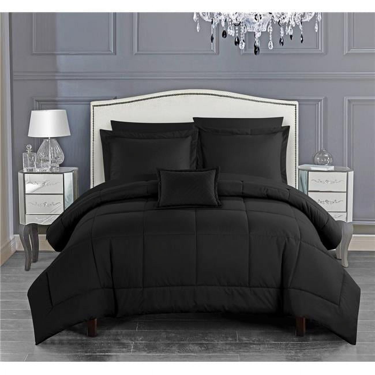 King Size Josaia Comforter Set Pieced Solid Color Stitched Design Bed In A Bedding Sheets & Decorative Pillow Shams Included, Black - 8 Piece
