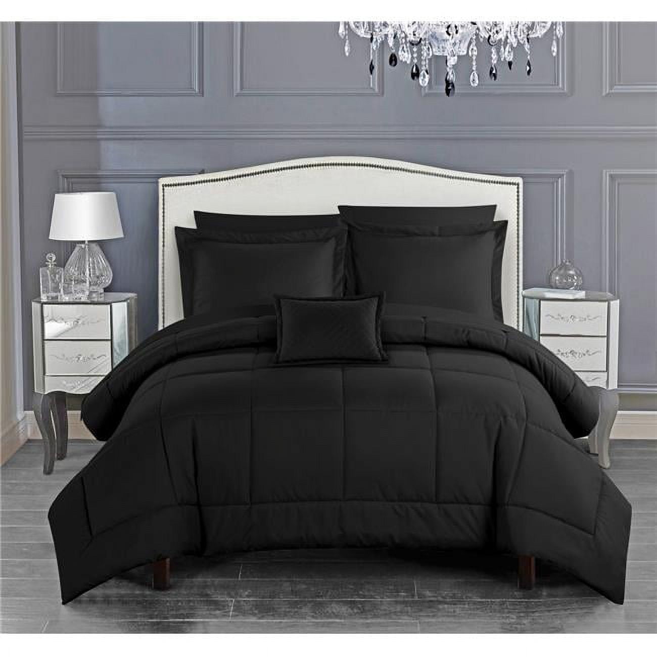 Queen Size Josaia Comforter Set Pieced Solid Color Stitched Design Bed In A Bedding Sheets & Decorative Pillow Shams Included, Black - 8 Piece