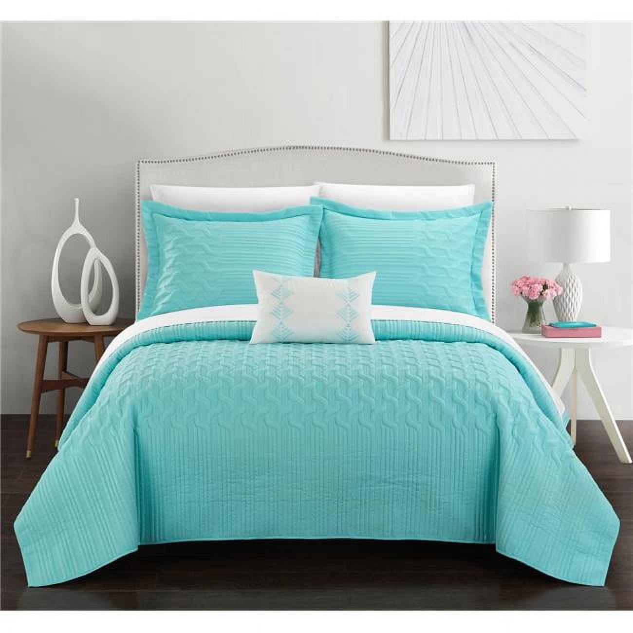 Bqs10605-bib-us Queen Size Shaela Interlaced Vine Pattern Quilted Bed In A Bag Cover Sheet Set, Aqua - 8 Piece