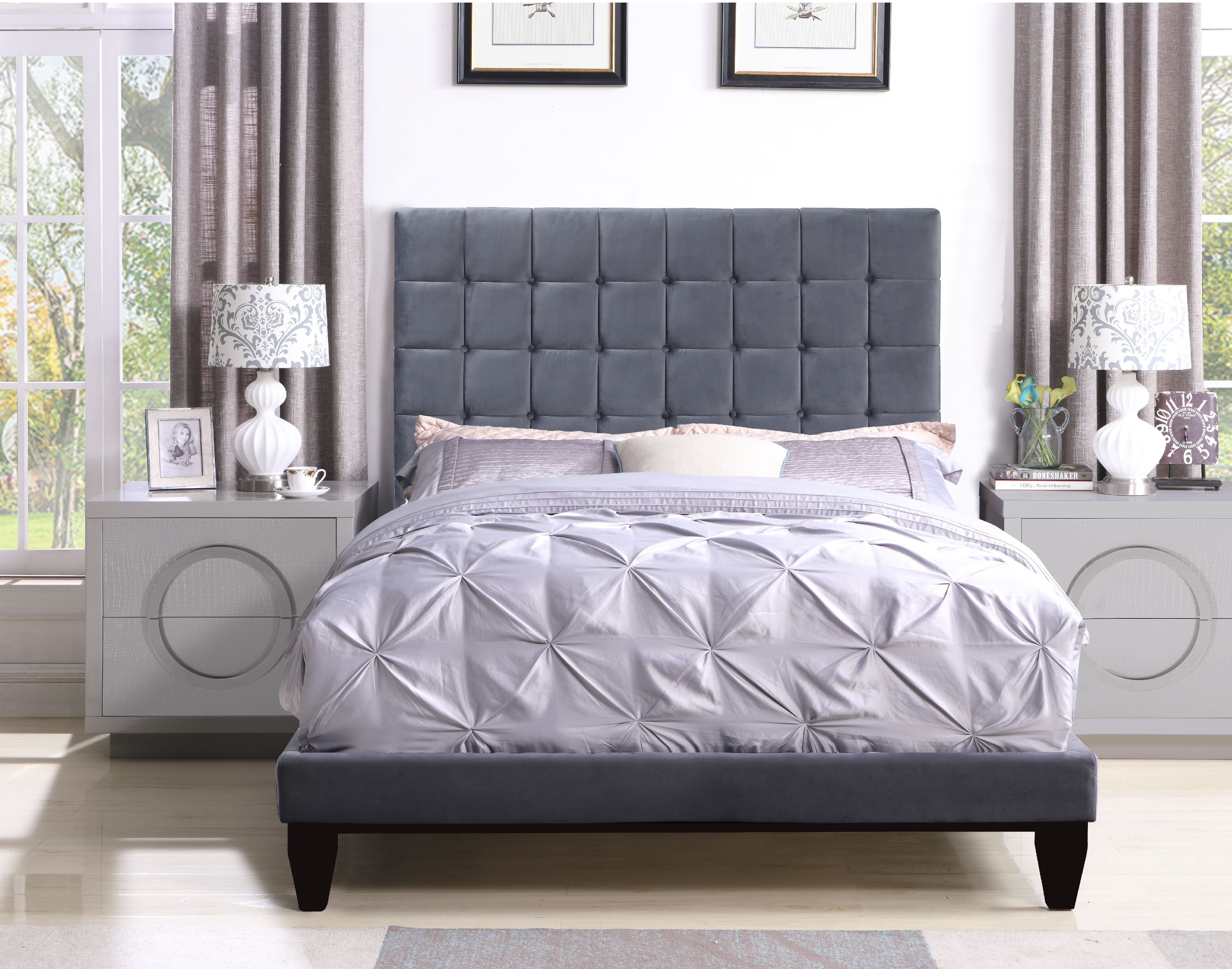 Fbd9150-us Handel Bed Frame With Headboard & Velvet Upholstered Button Tufted Tapered Birch Legs, Grey - Queen