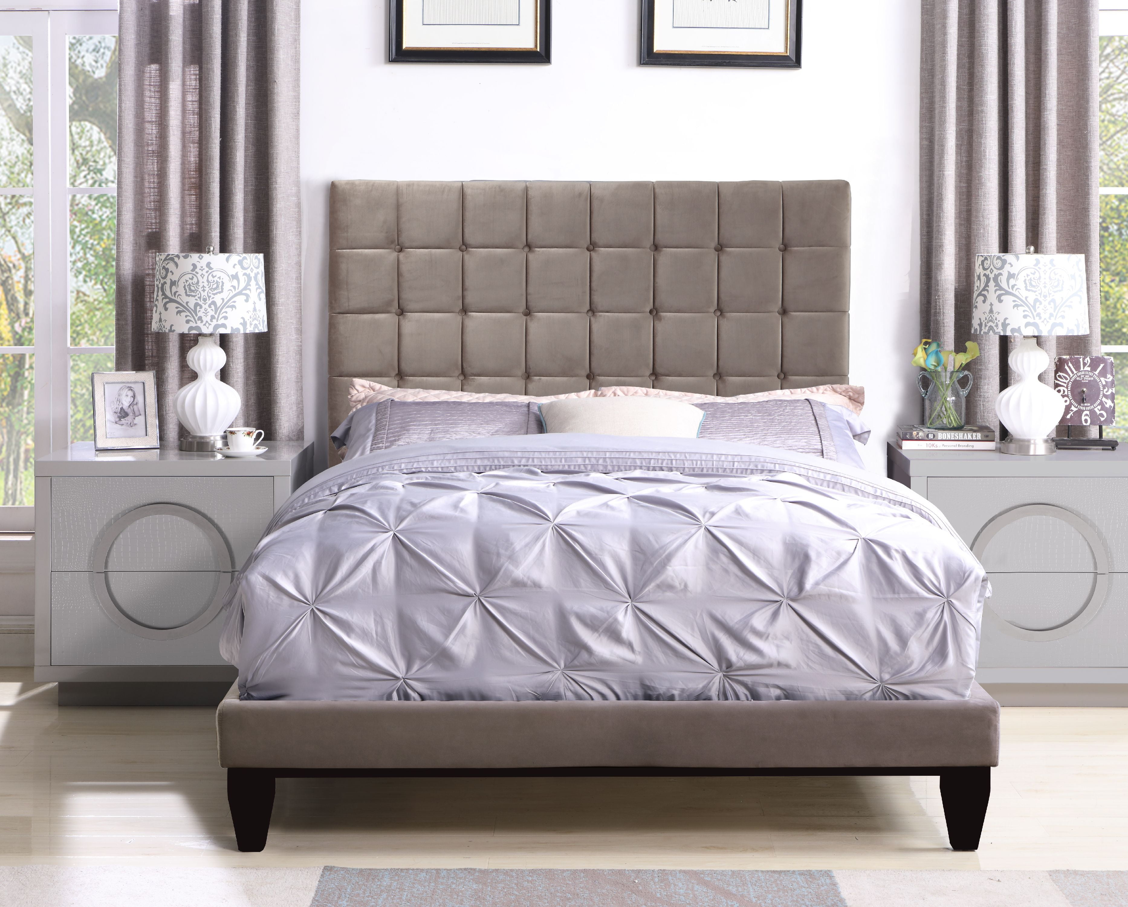 Fbd9152-us Handel Size Bed Frame With Headboard & Velvet Upholstered Button Tufted Tapered Birch Legs, Taupe - Queen