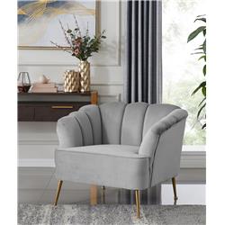 Aisha Club Chair With Velvet Upholstered Vertical Channel Tufted Single Bench Cushion Design Gold Tone Metal Legs, Modern Contemporary, Grey