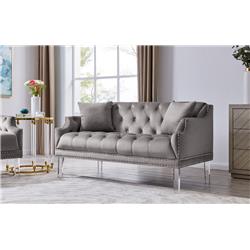 Fls9557-us Eva Love Seat Sofa With Velvet Upholstered Button Tufted Nailhead Trim Slope Arm Design Acrylic Legs, Modern Transitional, Grey