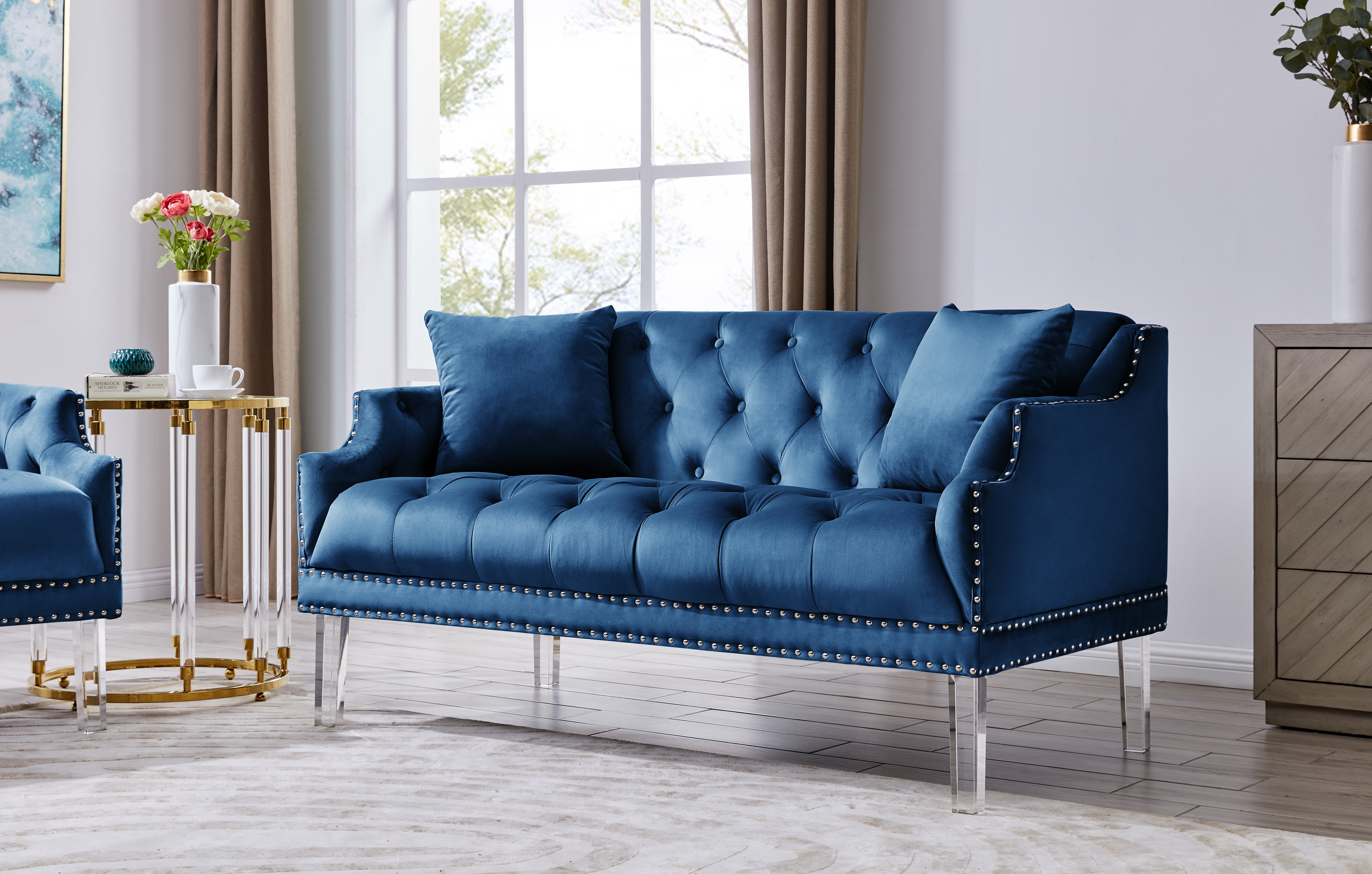 Fls9556-us Eva Love Seat Sofa With Velvet Upholstered Button Tufted Nailhead Trim Slope Arm Design Acrylic Legs, Modern Transitional, Blue