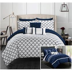 Cs1019-us Brian Pinch Pleated Ruffled & Reversible Geometric Design Printed Bed In A Bag Comforter Set With Sheets - Navy - King - 10 Piece