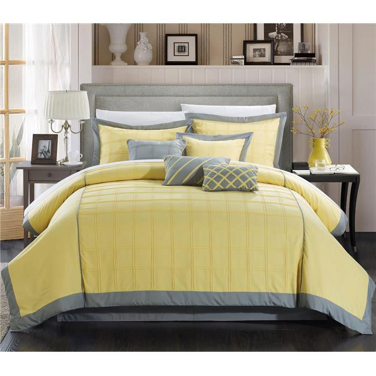 111ck111-us Cottage Pintuck Color Block Comforter Set - Yellow - King - 8 Piece