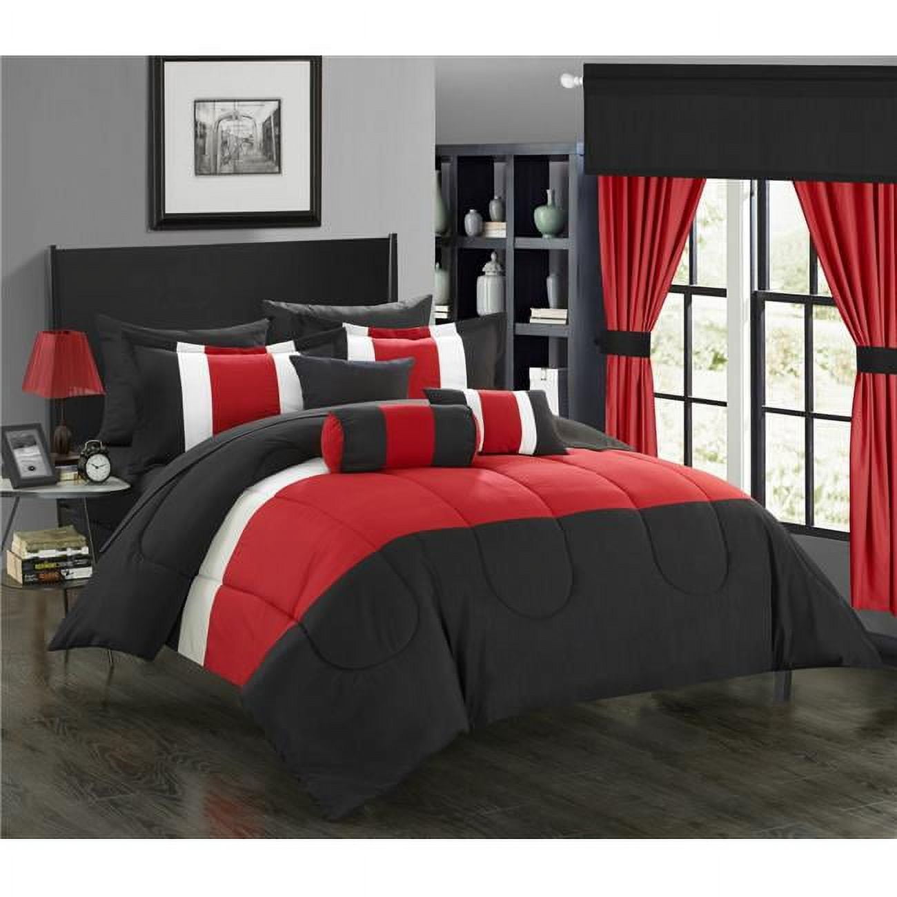 20 Piece Standon Complete Pieced Color Block Bedding, Sheets, Window Panel Collection King Bed In A Bag Comforter Set, Red Sheets