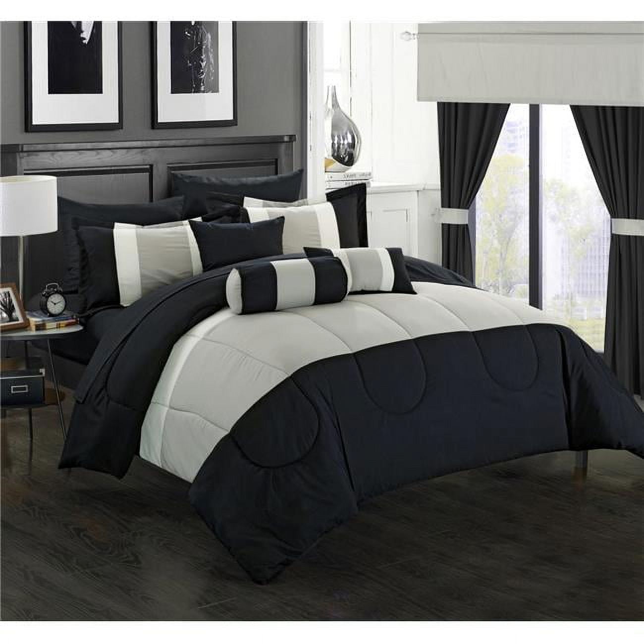 20 Piece Standon Complete Pieced Color Block Bedding, Sheets, Window Panel Collection Queen Bed In A Bag Comforter Set, Black Sheets