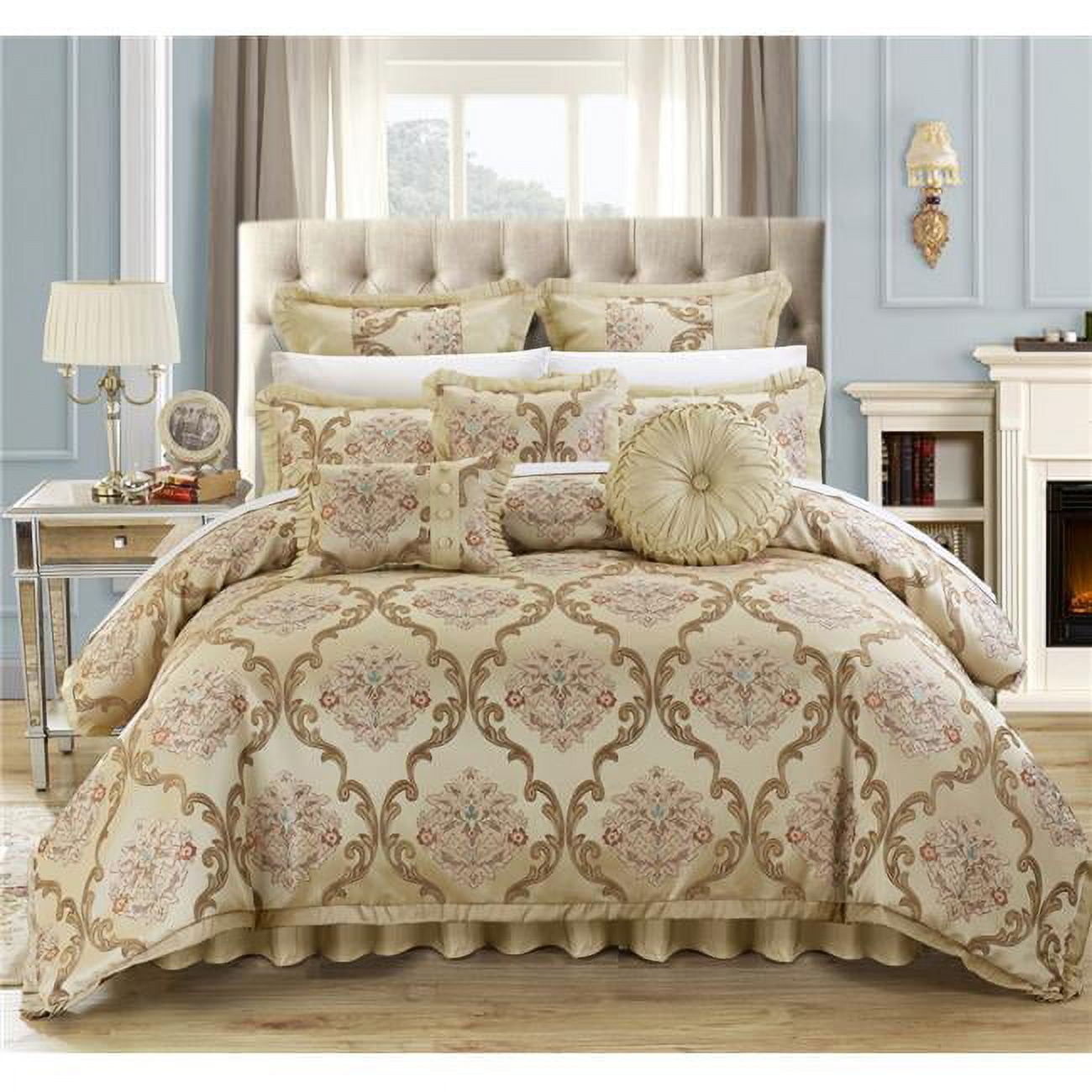 Angelo Decorator Upholstery Quality Jacquard Scroll Fabric Complete Master Bedroom Comforter Set & Pillows Ensemble - Beige - King - 9 Piece