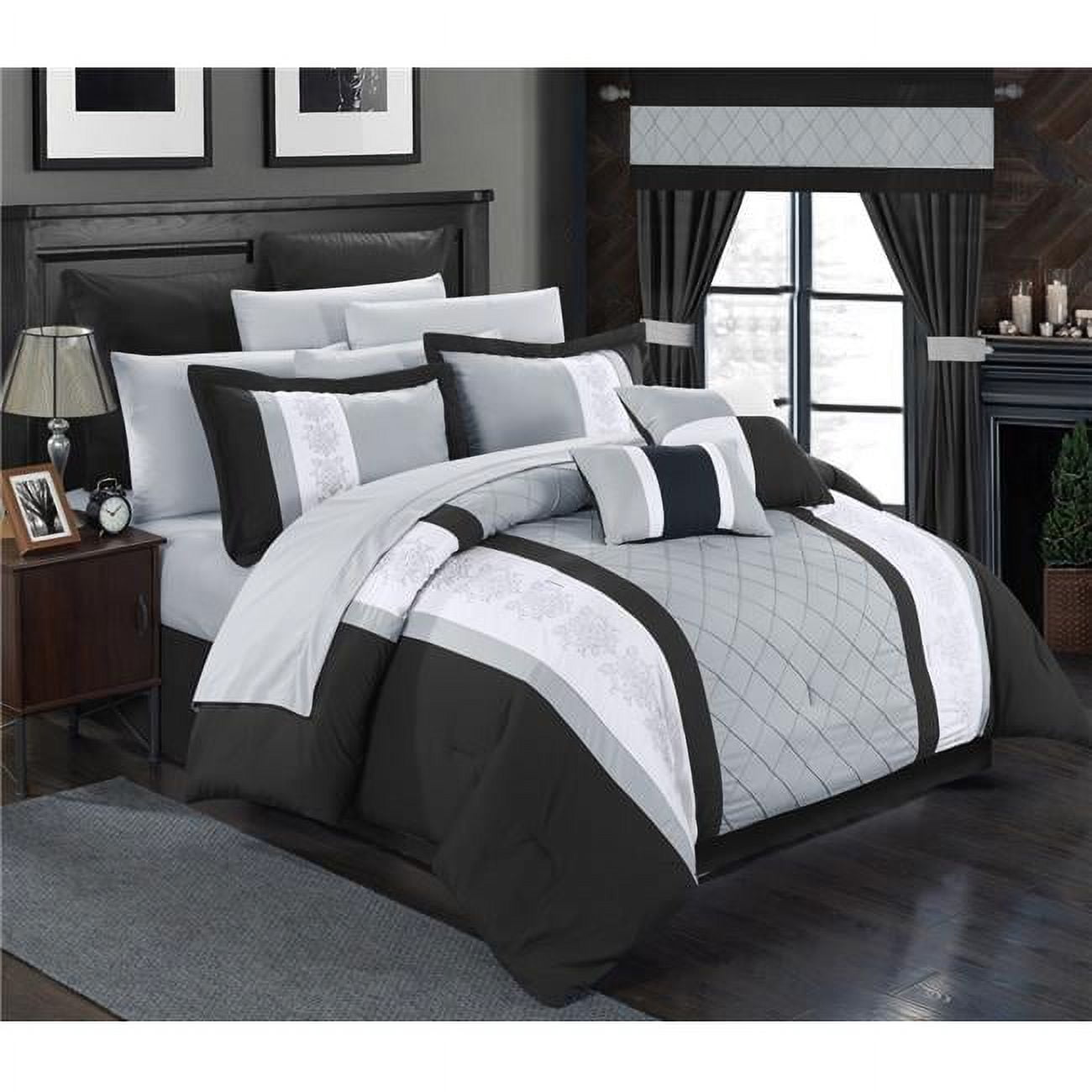 Aura Complete Pintuck Embroidery Color Block Bedding, Sheets, Window Panel Collection Bed In A Bag Comforter Set Sheets - King - 24 Piece