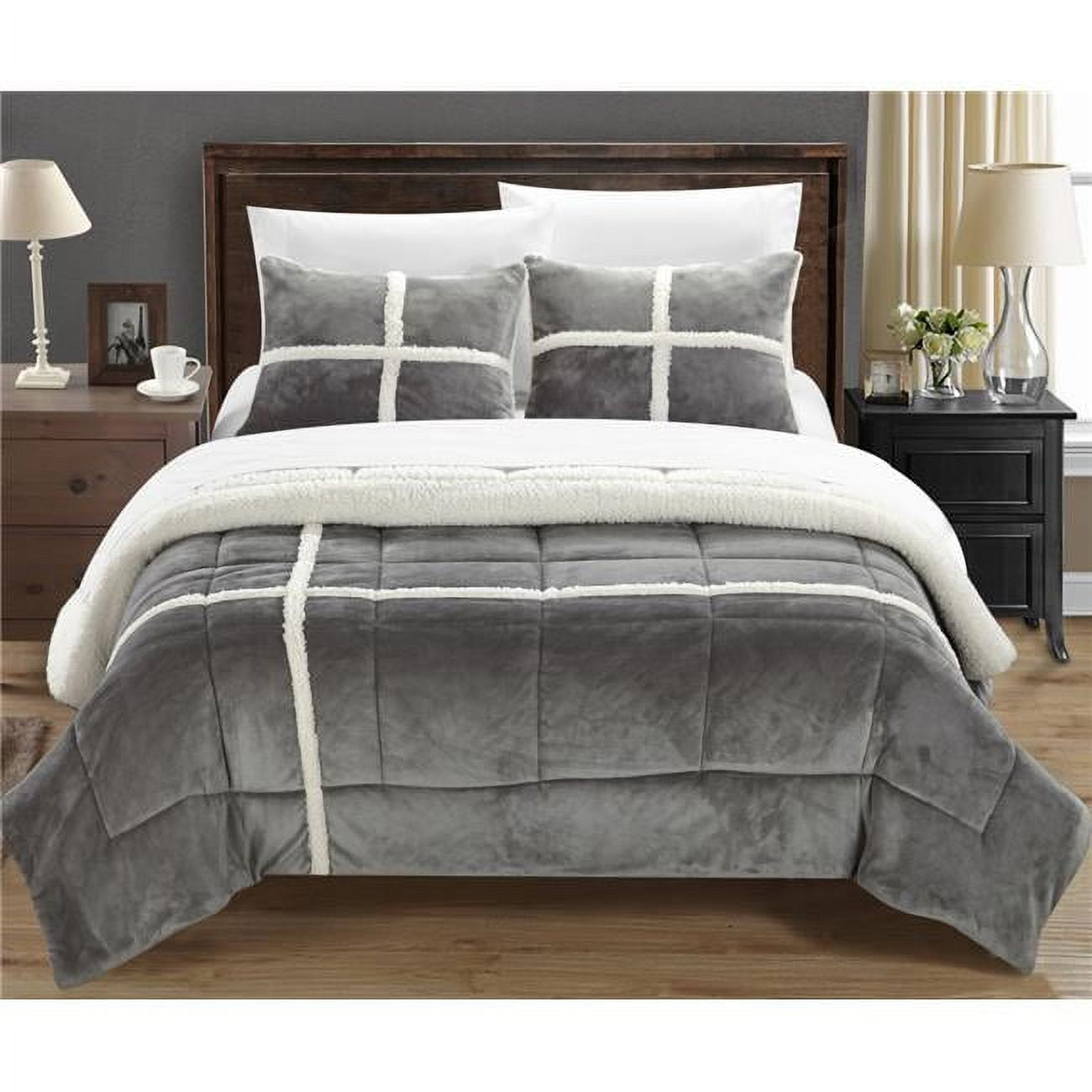 Cindy Mink Sherpa Lined X-long Comforter Set - Silver - Twin - 2 Piece