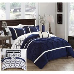 Cs2738-bib-us Laida Pinch Pleated Ruffled & Reversible Geometric Design Printed Bed In A Bag Comforter Set With Sheets - Navy - King - 8 Piece