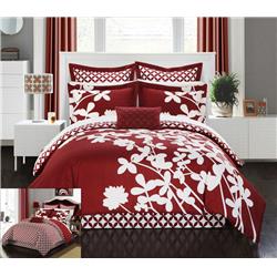 Siris Reversible Scale Floral Design Printed With Diamond Pattern Reverse Comforter Set - Red - King & Large - 7 Piece
