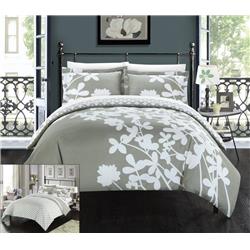 Sweetpea Reversible Scale Floral Design Printed, Diamond Pattern Reverse Duvet Cover Set With Sheets - Grey - Queen & Large - 7 Piece