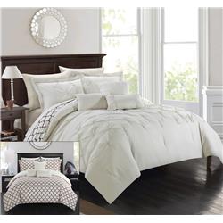 Cs1016-us Brian Pinch Pleated Ruffled & Reversible Geometric Design Printed Bed In A Bag Comforter Set With Sheets - Beige - King - 10 Piece