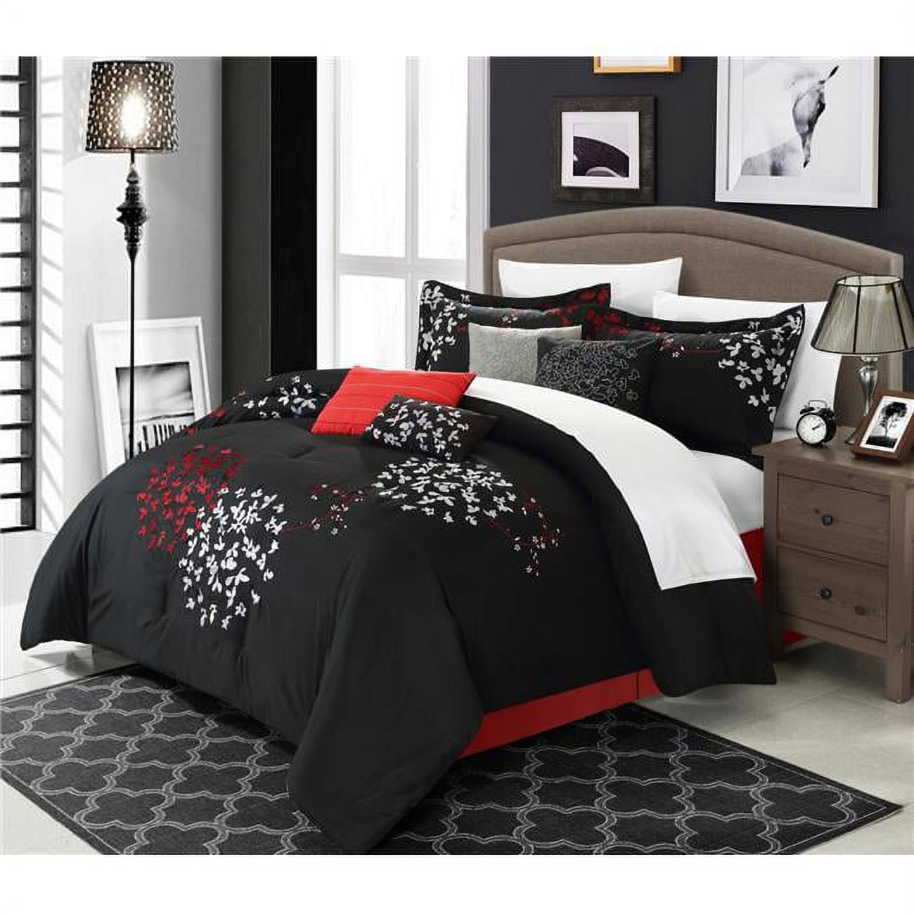 12 Piece Elaina Oversized & Overfilled Heavy Embroidery Contemporary King Comforter Set, Black With White Sheets