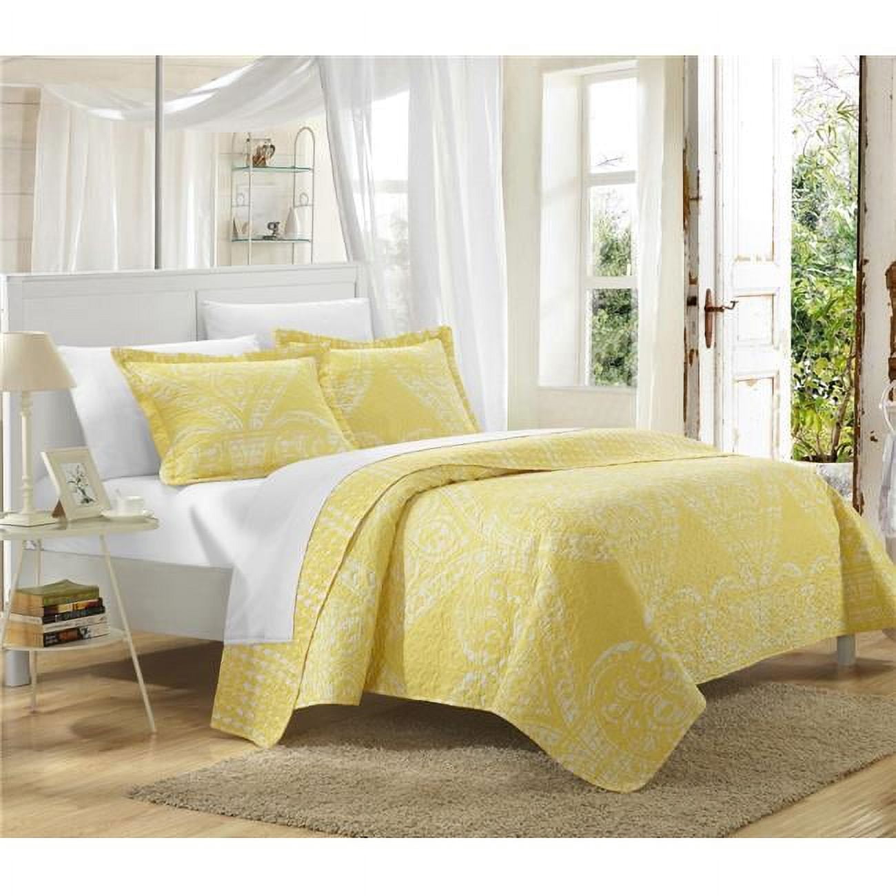 Qs3422-bib-us 7 Piece Pastola Reversible Printed Quilt Queen Quilt Set, Yellow With Sheet Set
