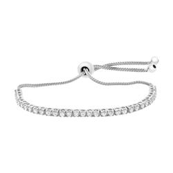 Br1006 Adjustable Tennis Bracelet With Cubic Zirconia Round Cut Stones Bolo Slider In 0.925 Sterling Silver, 5-10 In.