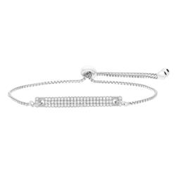 Br1004 Adjustable Bracelet With Cubic Zirconia Encrusted Bar Bolo Slider For Womens In A-grade 0.925 Sterling Silver, 5-10 In.
