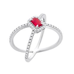 Rg2017-6 Sterling Silver Cubic Zirconia X Criss Cross Ring With An Red Emerald Cut Stone - Size 6