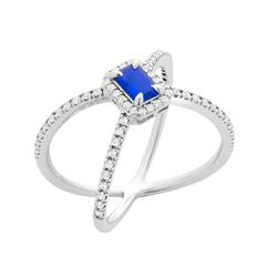 Rg2022-6 Sterling Silver Cubic Zirconia X Criss Cross Ring With Blue Emerald Cut Stone - Size 6