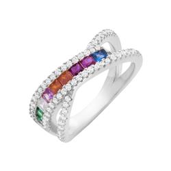 Rg2023-7 Sterling Silver 925 Multi Color & Rainbow White Gold Plated Criss Cross Ring - Size 7