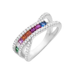 Rg2023-9 Sterling Silver 925 Multi Color & Rainbow White Gold Plated Criss Cross Ring - Size 9