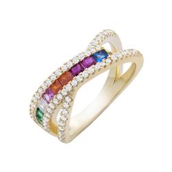 Rg2024-6 Sterling Silver 925 Multi Color & Rainbow Gold Plated Criss Cross Ring - Size 6
