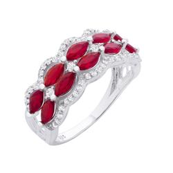 Rg2033-6 925 Sterling Silver Red Two Row Ring For Women, Oval Cut Stones - Size 6