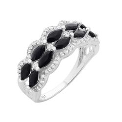 Rg2034-6 925 Sterling Silver Black Two Row Ring For Women, Oval Cut Stones - Size 6