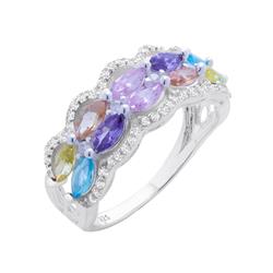 Rg2035-6 925 Sterling Silver Multi Color Rainbow Two Row Ring For Women, Oval Cut Stones - Size 6
