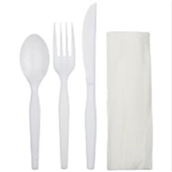 414024-3enw Pe 3 Piece White Cutlery Meal Kit Fork, Knife, Teaspoon & Napkin - Pack Of 250