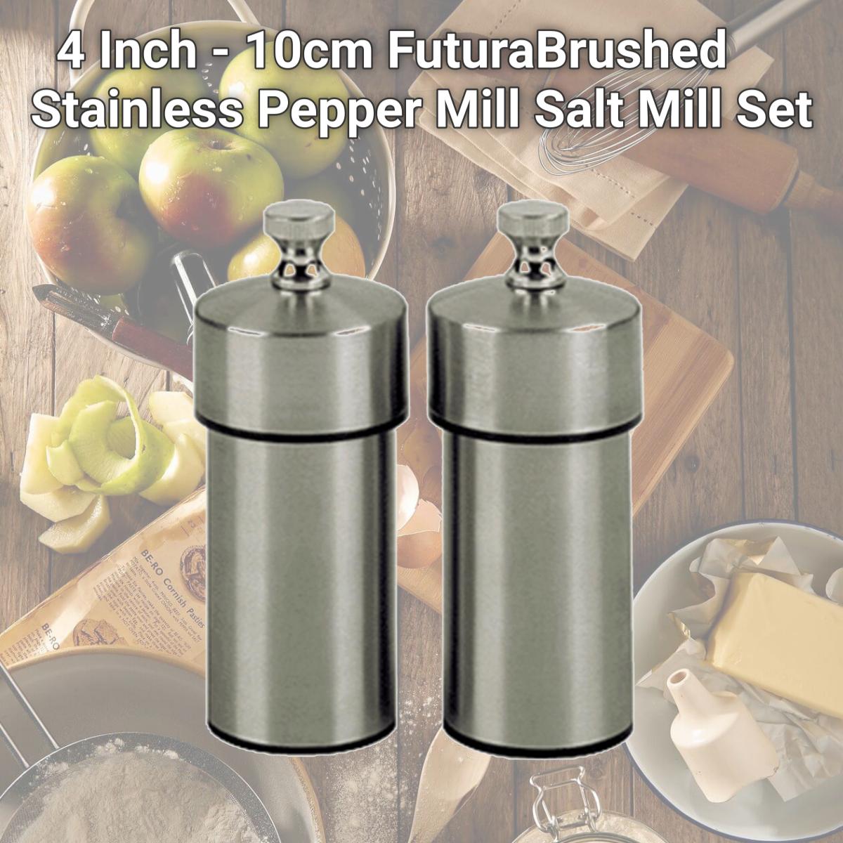 Picture of Chef Specialties 29910 4 Inch - 10cm FuturaBrushed Stainless Pepper Mill Salt Mill Set