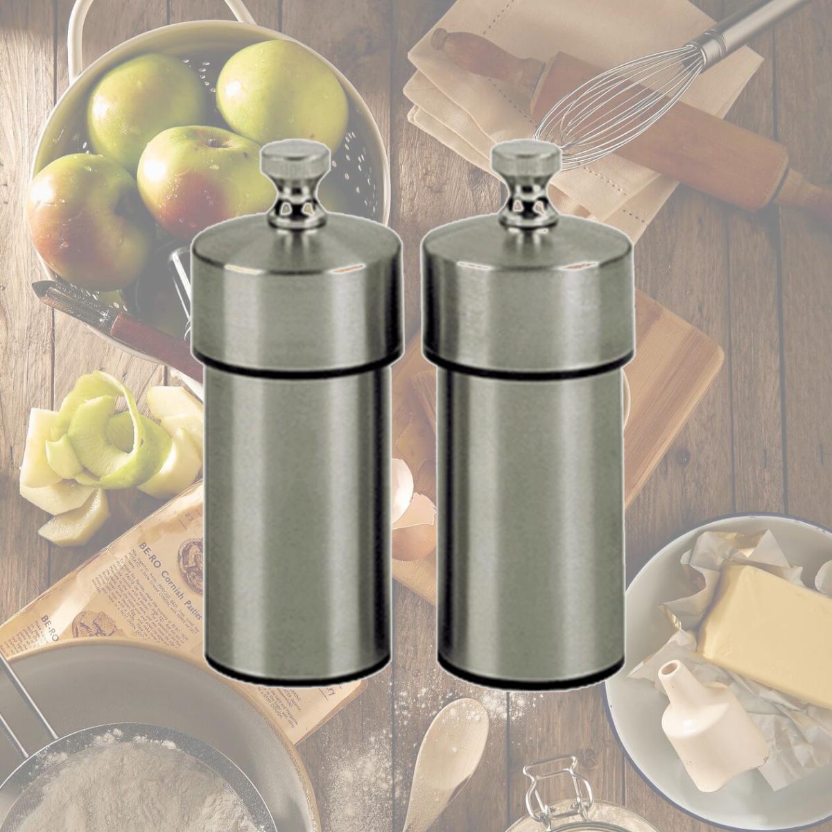 Picture of Chef Specialties 29910 4 Inch - 10cm FuturaBrushed Stainless Pepper Mill Salt Mill Set