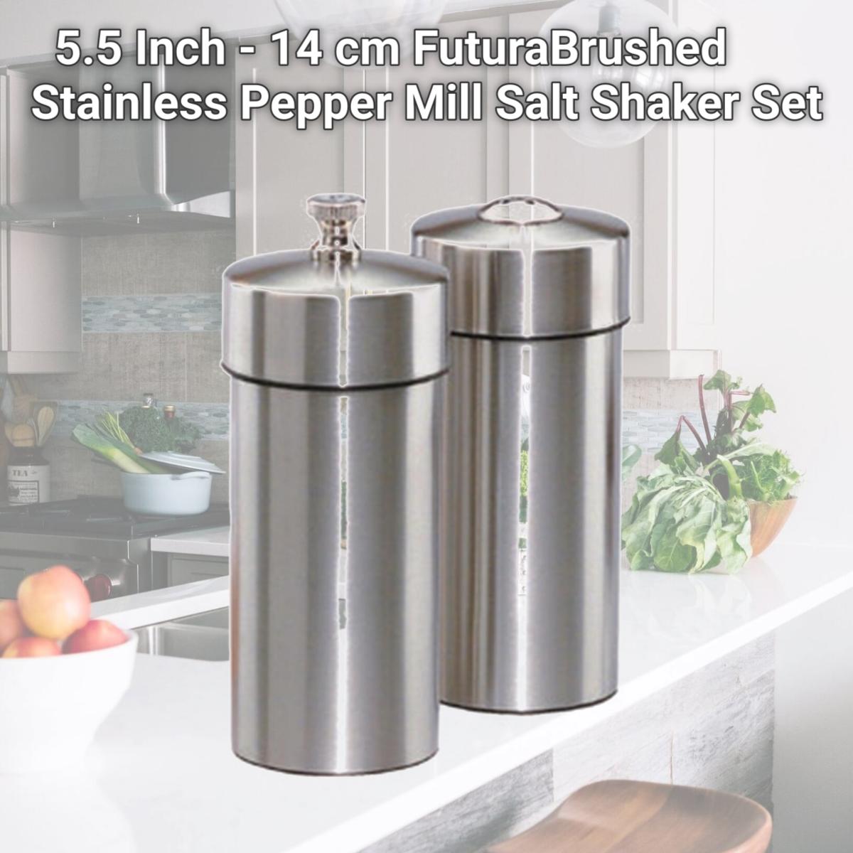 Picture of Chef Specialties 29900 5.5 Inch - 14 cm FuturaBrushed Stainless Pepper Mill Salt Shaker Set