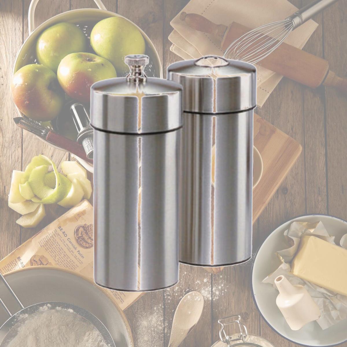 Picture of Chef Specialties 29900 5.5 Inch - 14 cm FuturaBrushed Stainless Pepper Mill Salt Shaker Set