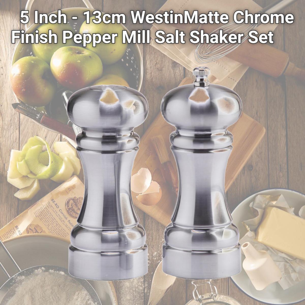 Picture of Chef Specialties 94500 5 Inch - 13cm WestinMatte Chrome Finish Pepper Mill Salt Shaker Set