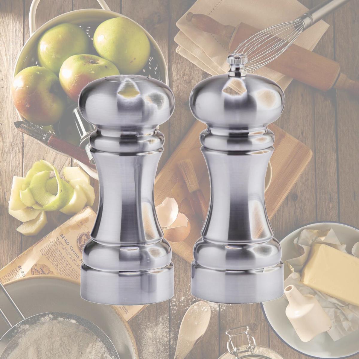 Picture of Chef Specialties 94500 5 Inch - 13cm WestinMatte Chrome Finish Pepper Mill Salt Shaker Set