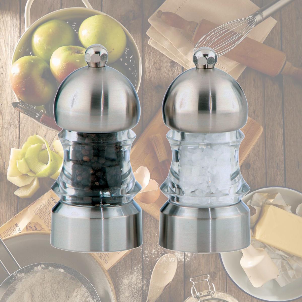 Picture of Chef Specialties 01572 3.5 inch - 9cm Metro - Acrylic/Brushed Steel Pepper Mill/Salt Shaker Set