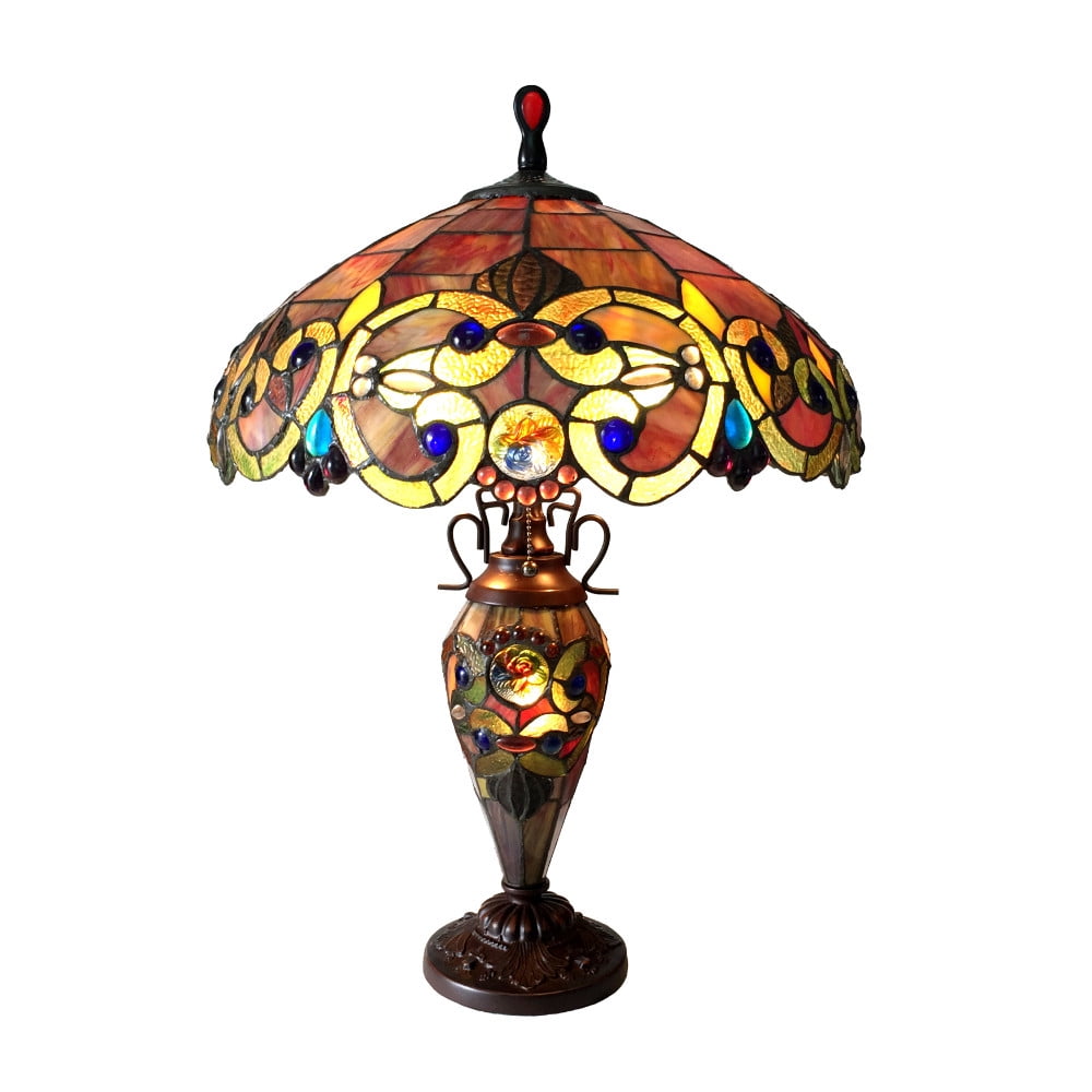 Ch18648sv18-dt3 18 In. Shade Lighting Demetra Auror Style 3 Light Victorian Stained Glass Double Lit Table Lamp - Antique Bronze