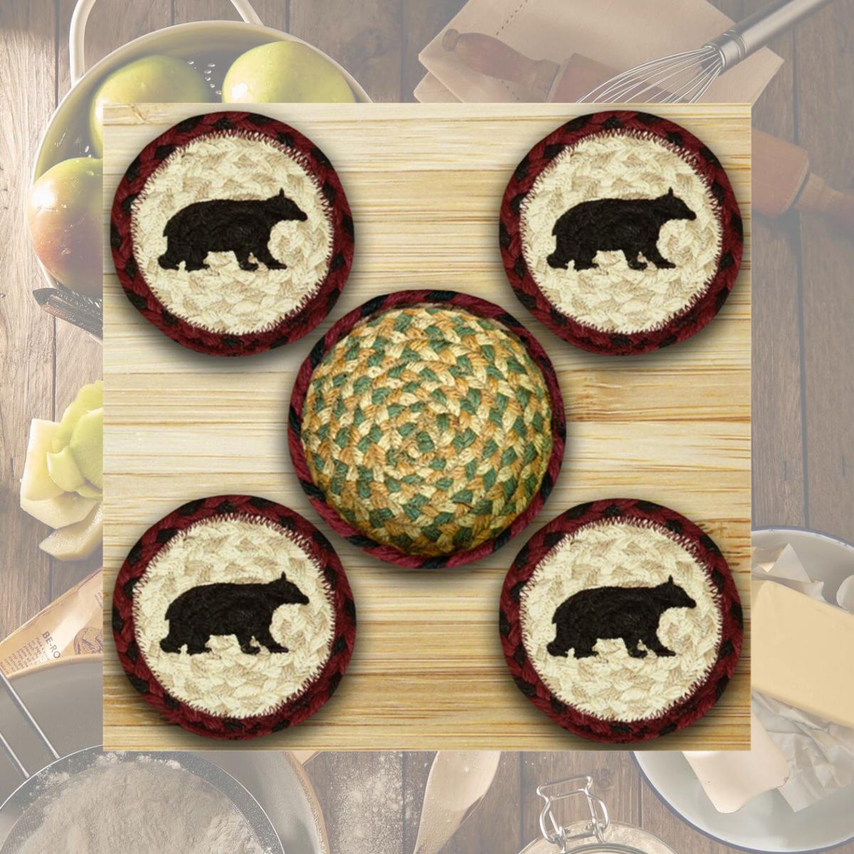Picture of Earth Rugs 29-CB395CB Coasters in a Basket- Cabin Bear