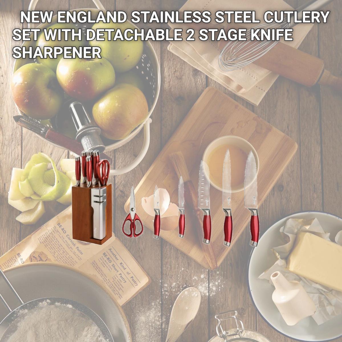 Picture of Culinary Edge 98830 NEW ENGLAND STAINLESS STEEL CUTLERY SET WITH DETACHABLE 2 STAGE KNIFE SHARPENER