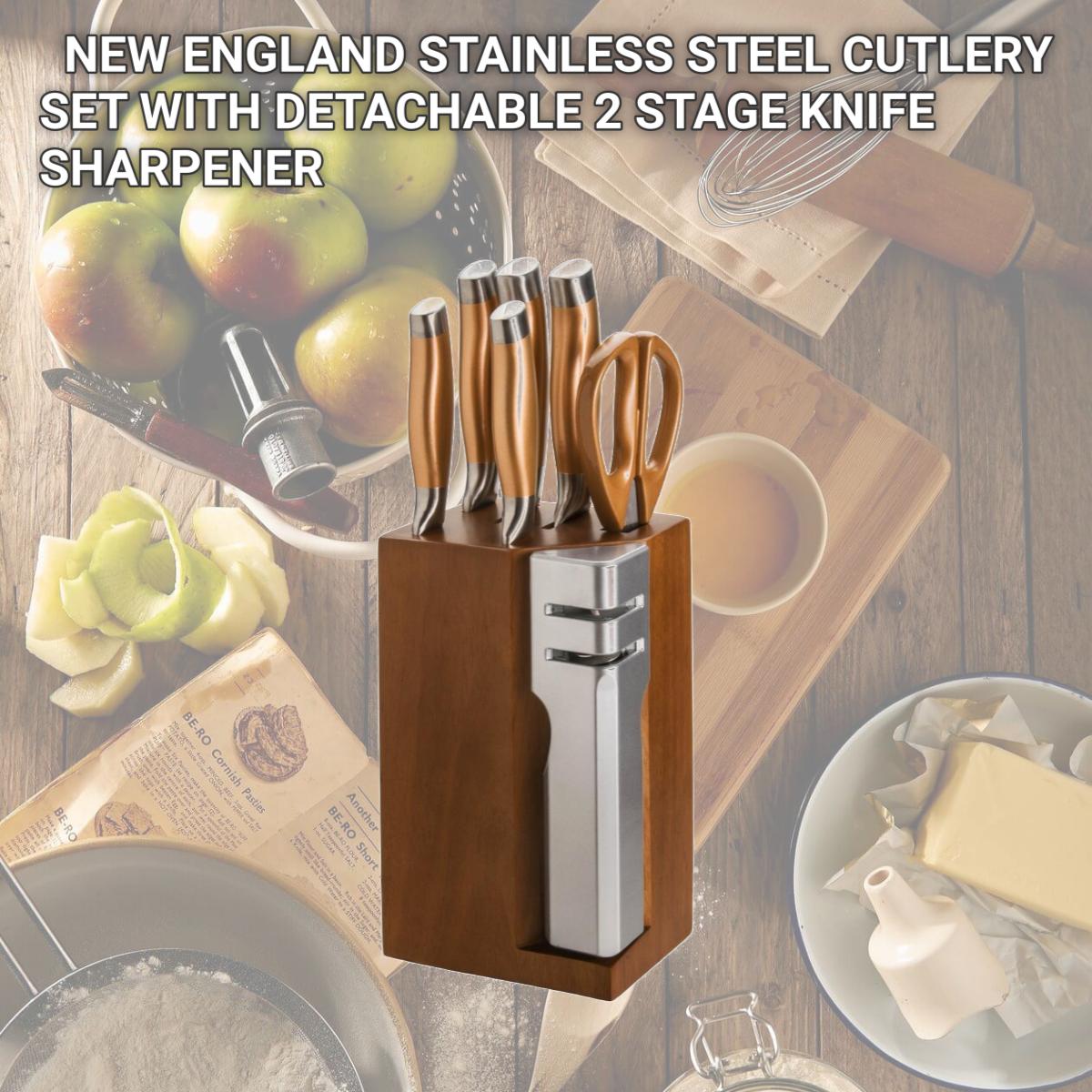 Picture of CULINARY EDGE 98831 NEW ENGLAND STAINLESS STEEL CUTLERY SET WITH DETACHABLE 2 STAGE KNIFE SHARPENER