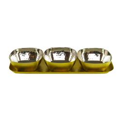 1.5 X 4 X 10 In. Rectangular Tray With 3 Gold Square Bowls, Brass Finish